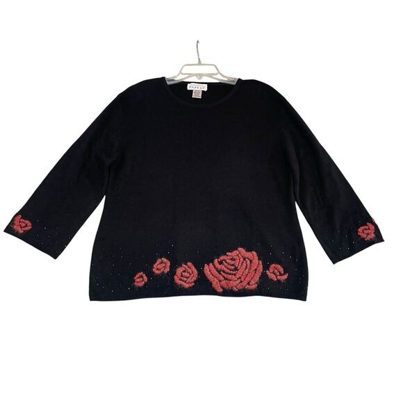VTG Adrianna Papell 2-Piece Sweater Set Womens Sz XL Rose Embroidered Beaded - Picture 2 of 15